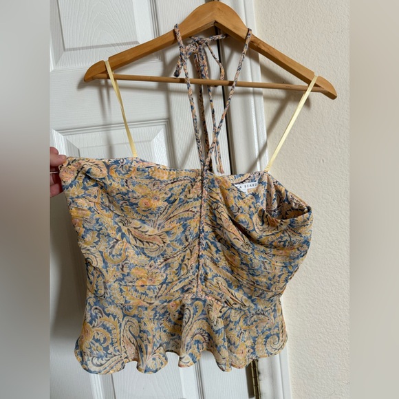 Veronica Beard Womens Arienne Yellow Blue Paisley Halter Top Sz 10 Peplum hem - Picture 4 of 7